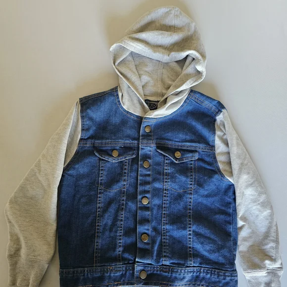Kids Denim Hooded Jacket - Blue and Light Gray - Picture 3 of 16